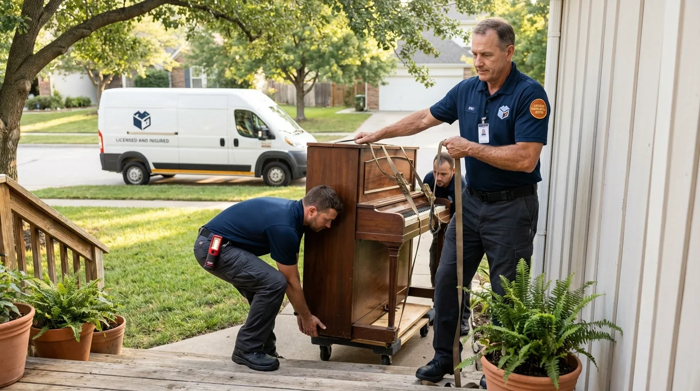 Licensed piano movers securing grand piano in Hanover, NH