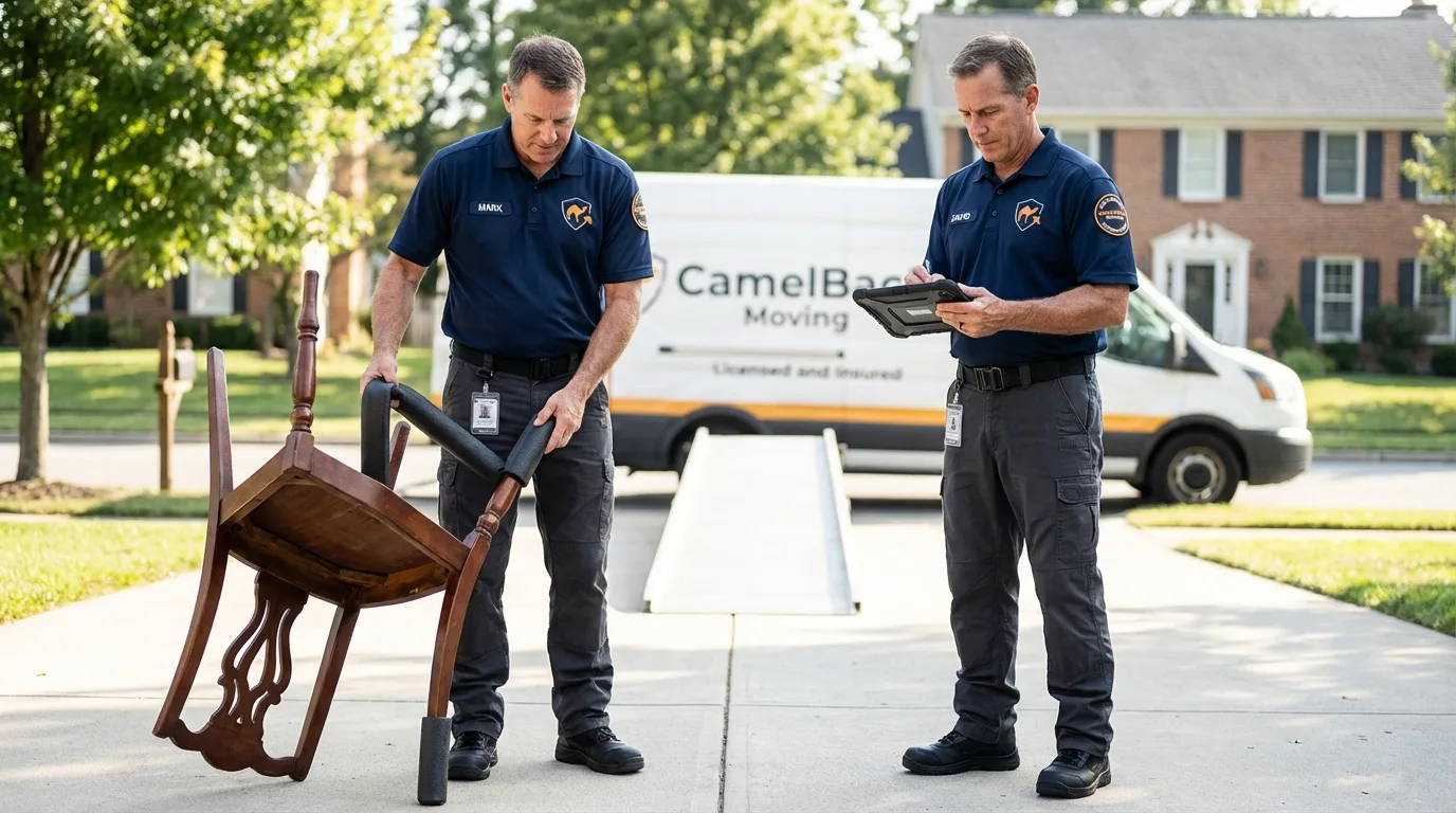 Movers inspecting furniture for damage prevention before loading in Hanover, NH