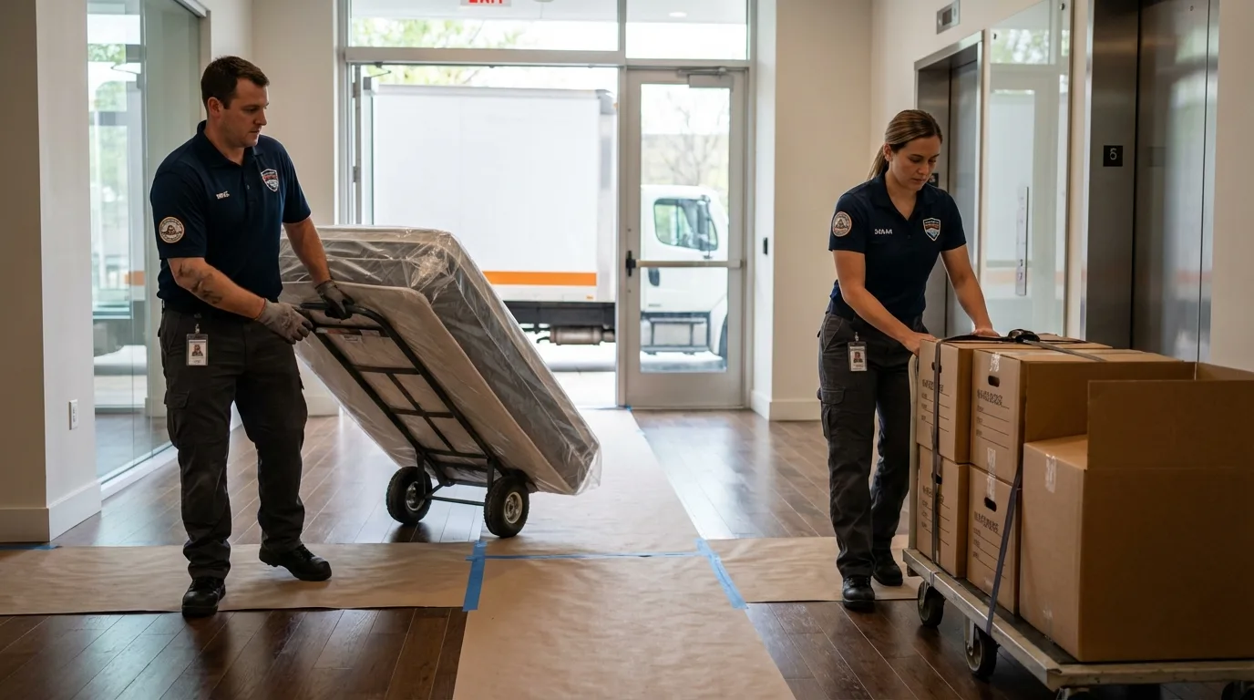 Professional apartment movers loading elevator in Hanover, NH